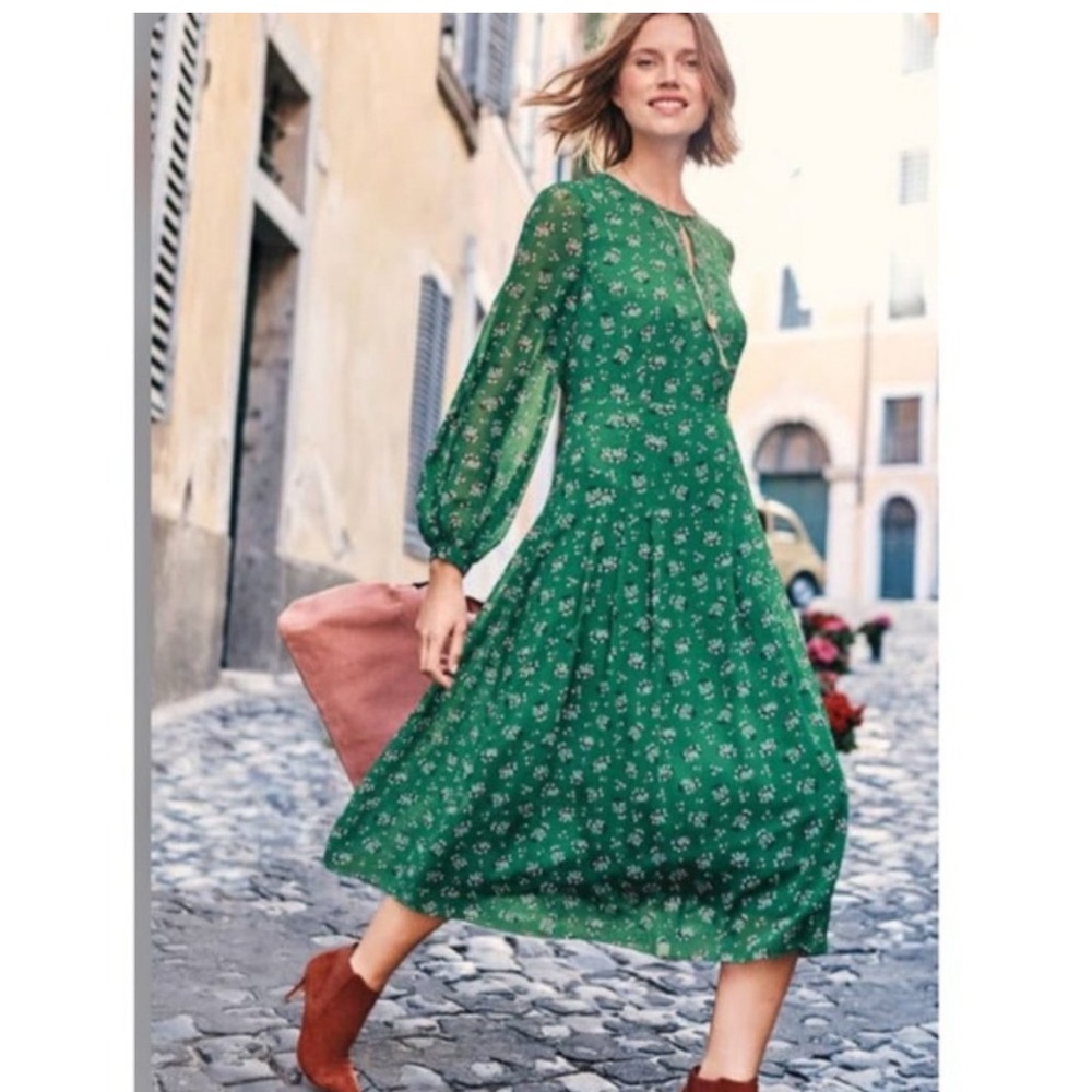 BODEN ADA green floral midi dress with long sleeves keyhole neckline Size US 4